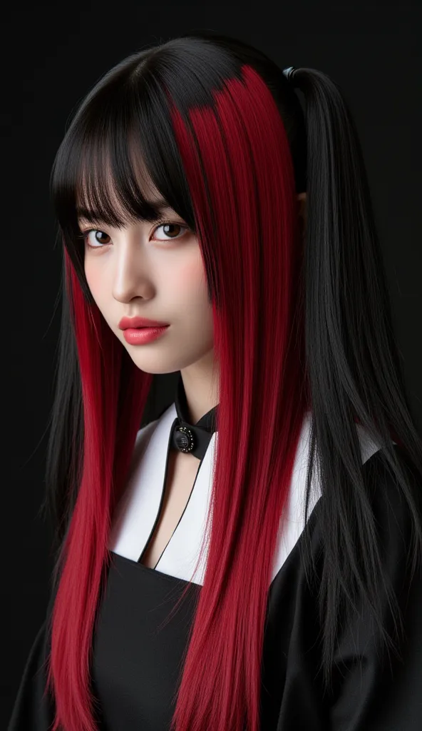  Silky Smooth Hair 、Two-tone color with dark red hair and black hair、long hair、hairstyles are straight、long hair that reaches the chest、、maid clothes、 tall twin tails、