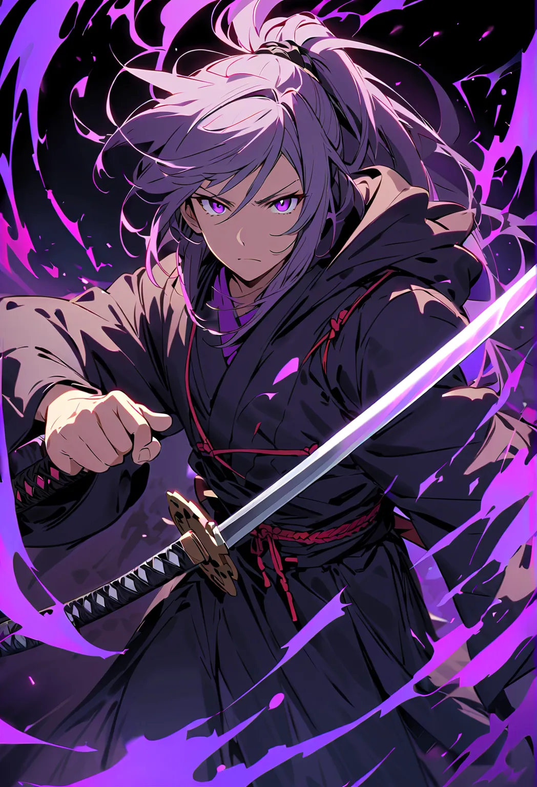 an anime boy samurai carrying katana of destruction with purple flame behind him with katana pointing skyward, weapon, ((detailed katana)), 1man, holding, male focus, solo, holding weapon, holding sword, looking at viewer, flashing purple eyes, ash hair co...