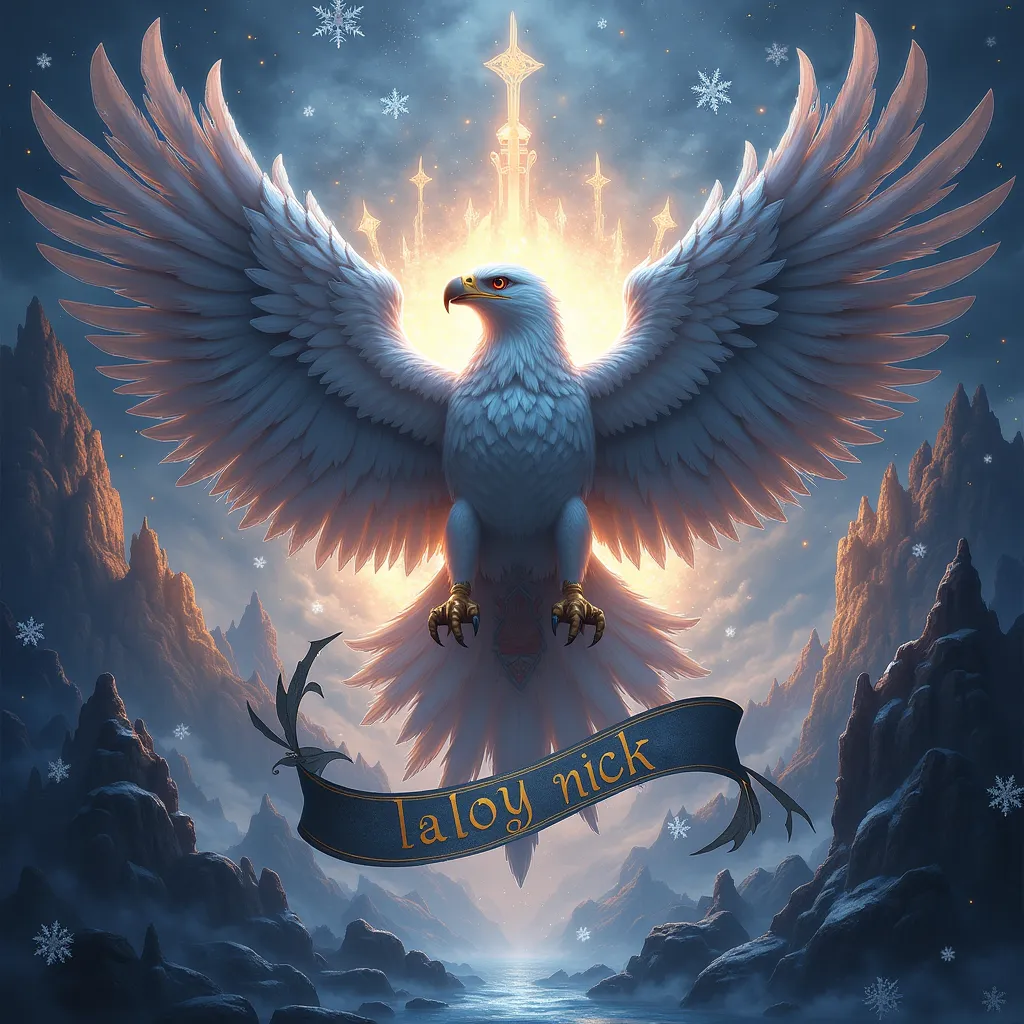 Creates an epic fantasy eagle emblem,  crystal,  snowflakes , whether,  haze, ribbon with the text 'LadyNick' in robust font. Xianxia style. Oriental fantasy elements.