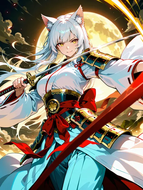 (masterpiece, best quality, high detail), anime style, samurai girl, cat ears, white hair, golden eyes, confident smile, holding a katana, detailed kimono, red and white outfit, ornate accessories, fantasy style, intricate armor, flowing sleeves, dynamic p...