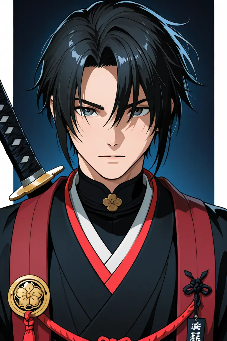 The young man wore samurai armor under a long black robe. His hair is black with red trim. and his face looked mischievous
