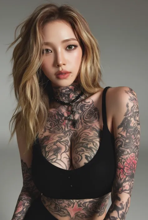 Long hair, light blonde, a lot of tattoos, posing, huge breast.