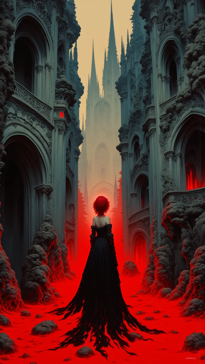  gothic architecture castle background , 25 year old sexy woman, Red tight skirt,  black ink flowing - 8k resolution realistic masterpiece ,  detailed , painting: Acrylic Fiber: Colorful watercolor, movie lights,  minimalist photo illustration :  for Marti...