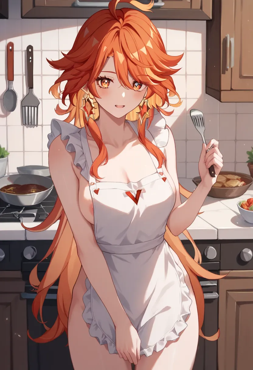 Mavuika from genshin impact, wearing apron, kitchen, nude, (((apron)))