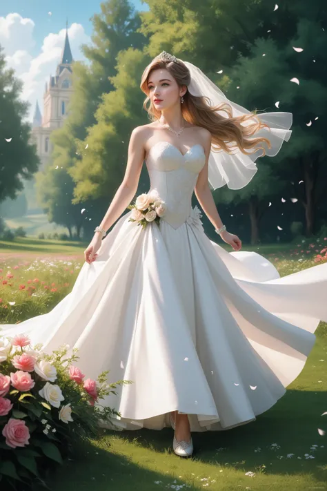 excellent performance, Best Quality, ultra-detailed, illustration, 1 girl,  Wedding Dresses, Running