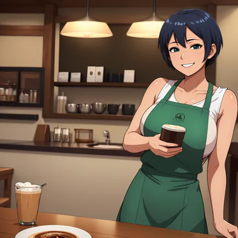      top quality , masterpiece , Ultra High Definition , ( Photorealistic : 1.4), RAW photo, anime, Anime girl with short blue hair is in a restaurant wearing a green apron she has very big boobs and is in a coffee shop smiling while holding a glass of cof...