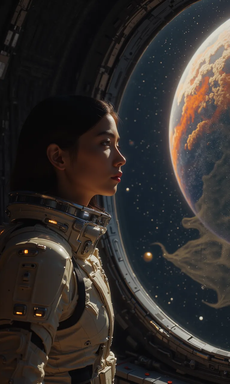 A young woman in a modern spacesuit is inside a spacecraft. She is gazing through a large window at a vibrant planet visible in the distance. The surroundings are the vast darkness of space, dotted with stars and distant galaxies. The woman looks contempla...