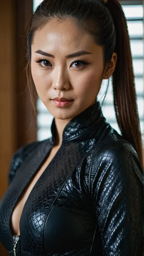 Anatomically correct, Beautiful face, Perfect face, Highly detailed beautiful face and eyes, Attractive face, cinematic photo Asian girl wearing dominatrix clothing, big ass, round ass, dominatrix outfit, beautifully fit body, brown hair, perfect eyes, loo...