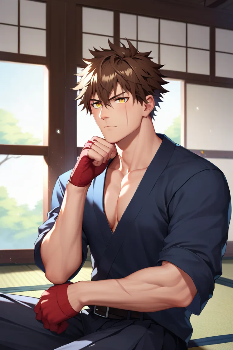 sole young man, modern school uniform, muscular, wide shoulders, serious, frowning, brown hair, yellow eyes, doudanuki masakuni, messy hair, traditional japanese house background, inside home, diagonal scar across nose, hair down, sitting, scarred hands, c...