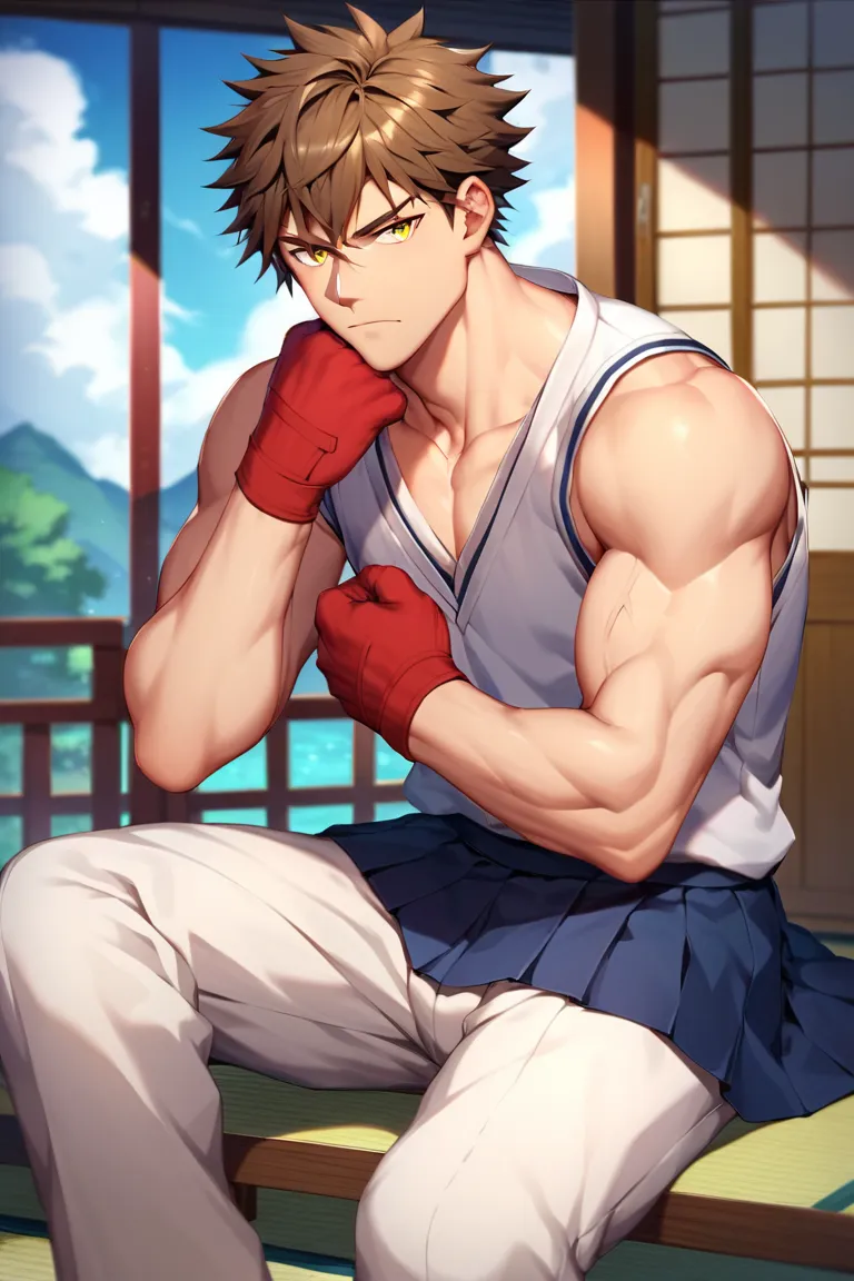 sole young man, modern school uniform, muscular, wide shoulders, serious, frowning, brown hair, yellow eyes, doudanuki masakuni, messy hair, traditional japanese house background, inside home, diagonal scar across nose, hair down, sitting, scarred hands, c...