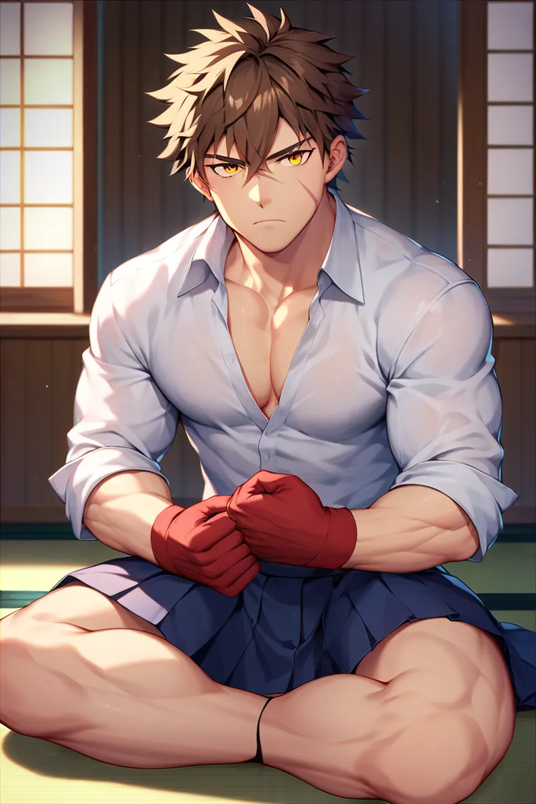 sole young man, modern school uniform, muscular, wide shoulders, serious, frowning, brown hair, yellow eyes, doudanuki masakuni, messy hair, traditional japanese house background, inside home, diagonal scar across nose, hair down, sitting, scarred hands, c...