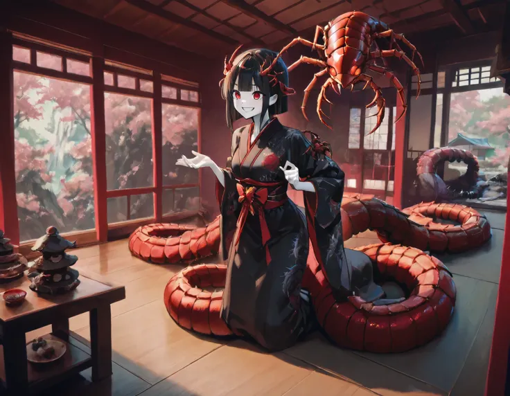 Lamia style girl. Fusion with a centipede. Black centipede body. Red insect legs. giant. Black costume. Japanese kimono dress. Red eyes. Black hair. Straight hair. Neat bangs. Grin. White skin. Japanese house. Indoors. look up.