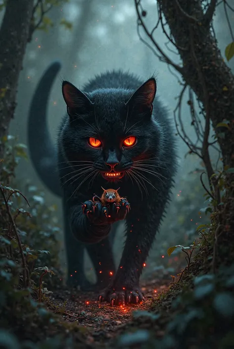 Create a image of fiercy black cat with red fire like eye holding a mice under its paw standing in black dense forest