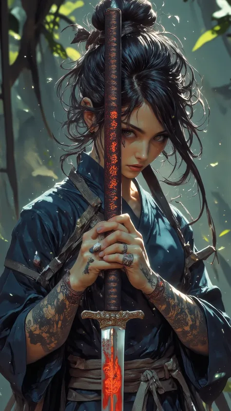  A focused, sexy woman ,  holding a samurai sword.   Her hair is a messy bun  , ， fair skin，Freckles .   she wears a dark  , Disclosure ( ) a robe soaked in rain  ,  pack， part of her face  .  This katana has a detailed handle，Decorated with a black and go...