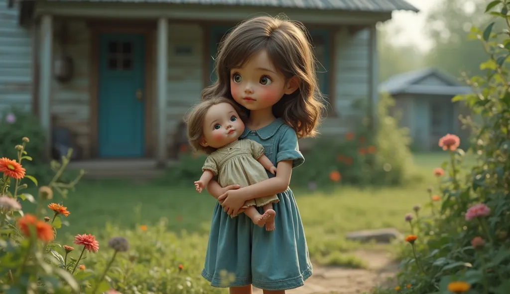 an  girl wearing a faded blue dress, holding an old doll in her arms in the backyard of a house