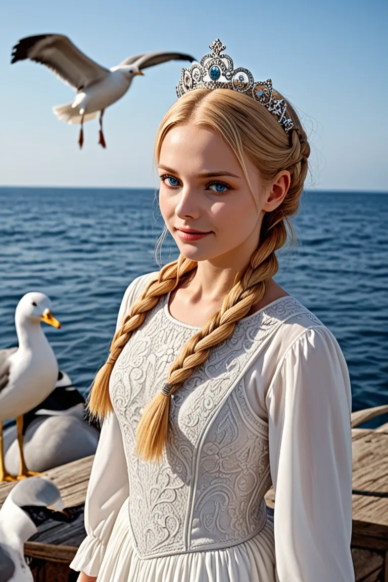 ,(Best quality))),8k,((Masterpiece)),(Extremely refined and beautiful), there is a girl coming out of the sea, a swan princess in Russian mythology, beautiful calm face, blue eyes, long blonde hair braided, the moon braided hair on the back of the head, wh...