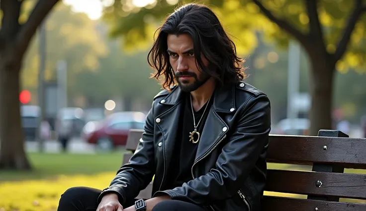 Rock guitarist. Age 35 years. Black long hair, , a slight unshaven, black leather jacket. He's walking down the street.  sitting on a bench in the park. The camera should show it from the side