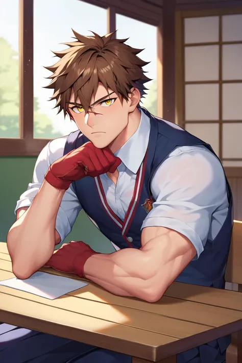 sole young man, modern school uniform, muscular, wide shoulders, serious, frowning, brown hair, yellow eyes, doudanuki masakuni, messy hair, traditional japanese house background, inside home, diagonal scar across nose, hair down, sitting, scarred hands, c...