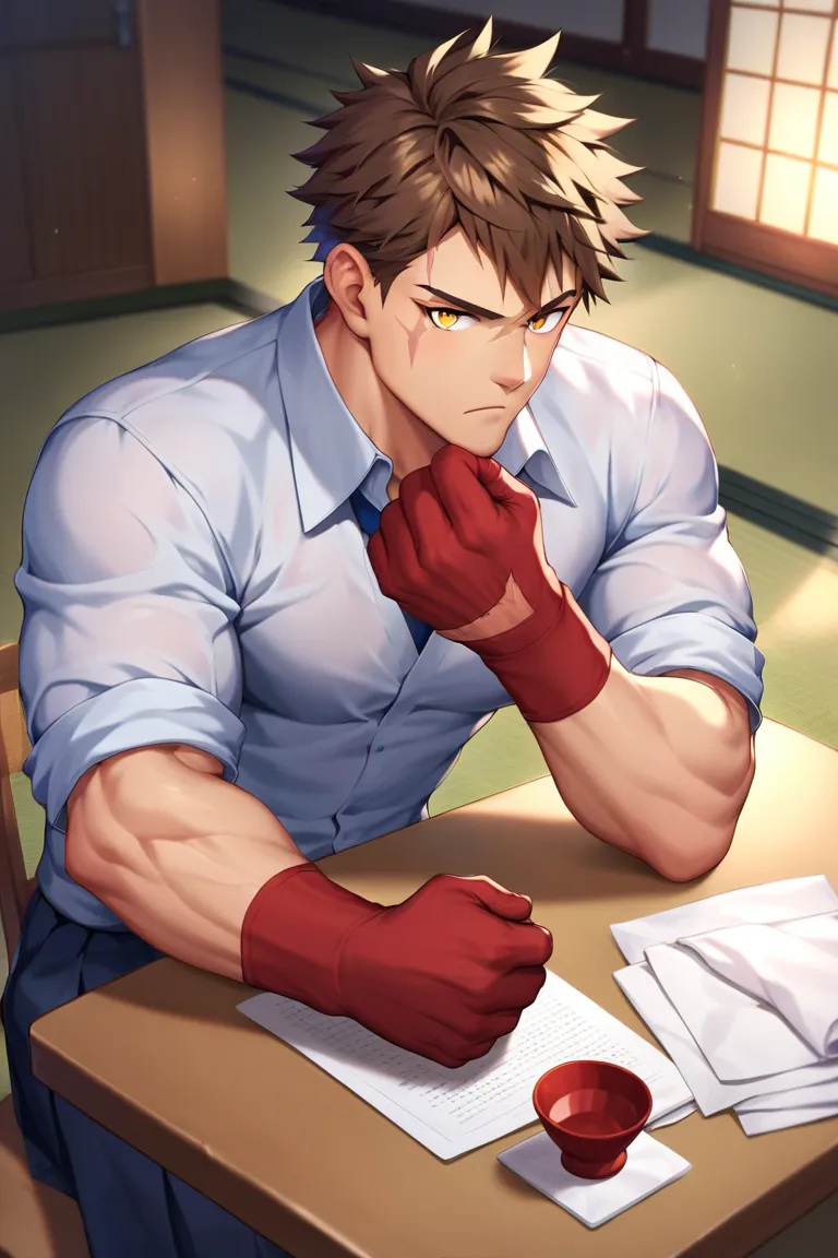 sole young man, modern school uniform, muscular, wide shoulders, serious, frowning, brown hair, yellow eyes, doudanuki masakuni, messy hair, traditional japanese house background, inside home, diagonal scar across nose, hair down, sitting, scarred hands, c...