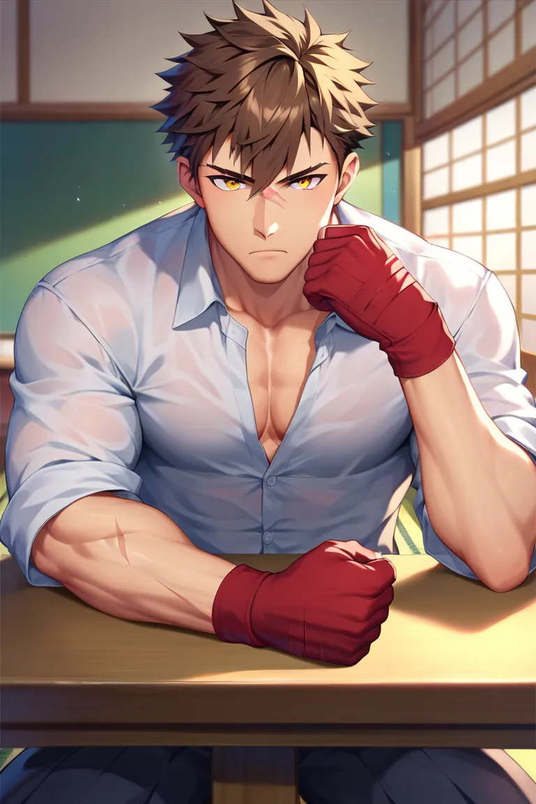 sole young man, modern school uniform, muscular, wide shoulders, serious, frowning, brown hair, yellow eyes, doudanuki masakuni, messy hair, traditional japanese house background, inside home, diagonal scar across nose, hair down, sitting, scarred hands, c...