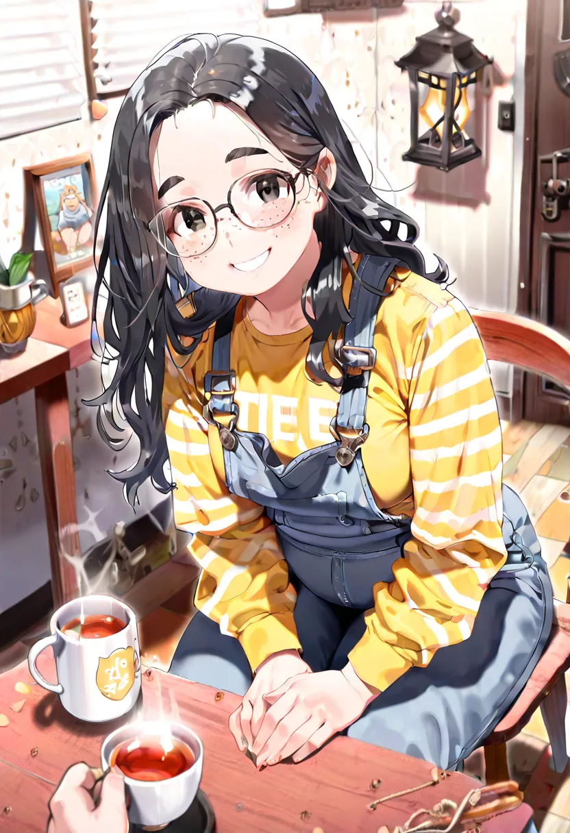 ((masterpiece、Hi-Res、4K、Best Quality、One Person's Point of View)), ((chubby middje woman:1.2)), freckles:1.3, black hair, unkempt lantern hair、long hair,(overalls with tesha cancer、yellow check long sleeve shirt, glasses、(dining room、table and chairs、Sit d...