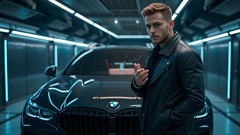 A cinematic ultra HD 8K image of a stylish young man in a leather jacket standing beside the BMW iX in a futuristic garage. He looks confidently at the camera while gesturing towards the car as if presenting its features. The lighting is moody, with cool b...