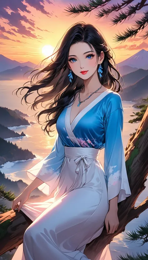 intense ink painting, young Japanese woman, Perfect face , perfect style, long black hair with waves, beautiful brown, slender eyes, Cute Face,  beautiful pink lips , white and blue sleeve dress, Silky,  look at me and smile, earrings, necklaces, illuminat...