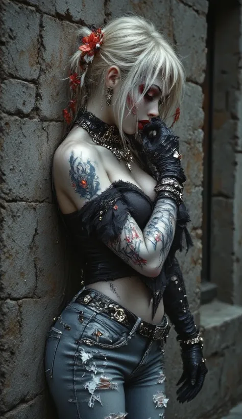 (DeTailed illusTraTions, Very deTailed and deTailed drawing, DelicaTe lines wiTh slow and rapid, RealisTic TexTure expression), Harley Quinn, red and blue pigTails goTh, punk, pale whiTe skin, sourire diabolique, (cold morning ouTside in The sTreeTs backgr...