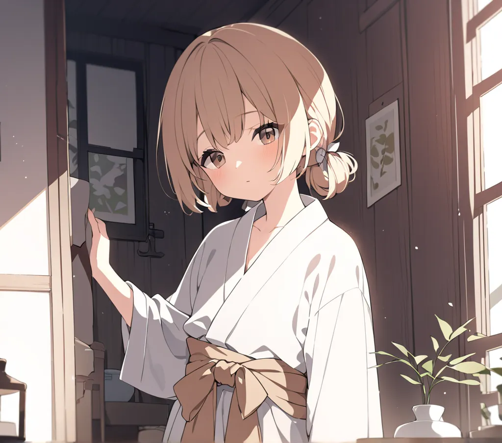 (masterpiece) Tender girl, short blond hair, dark brown eyes, white yukata with a bow tied around her waist while walking at home