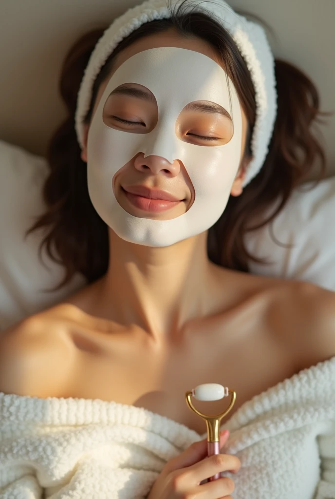 a girl who enjoy other news doing skin care
with sheet mask and face roller