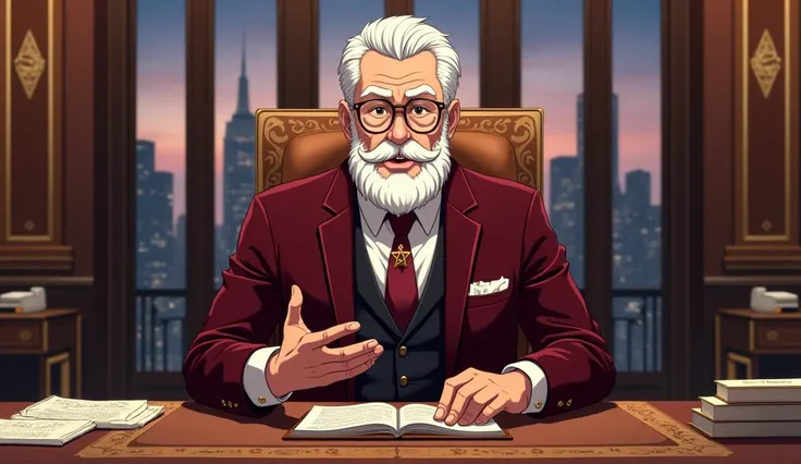 Modern anime-style digital portrait of a distinguished 90-year-old Jewish money expert exuding wealth and wisdom, seated regally behind an elegant mahogany desk. His face is rendered in exquisite anime detail, showcasing deep, character-defining lines, kin...