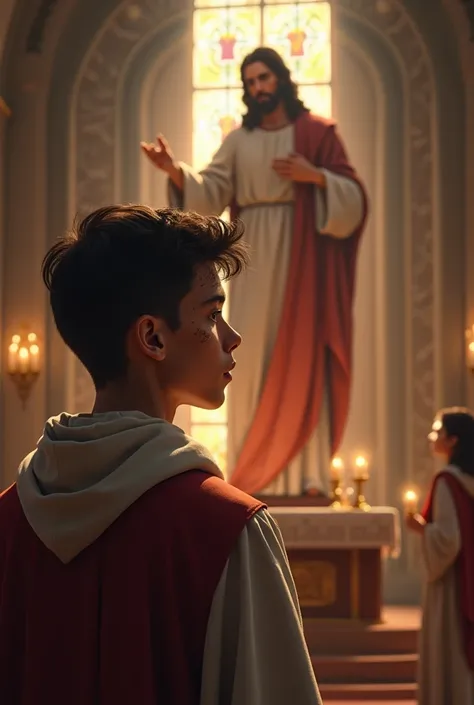 A young man with a current profile in front of Jesus at the altar making the sign of the cross on his forehead with the ashes 