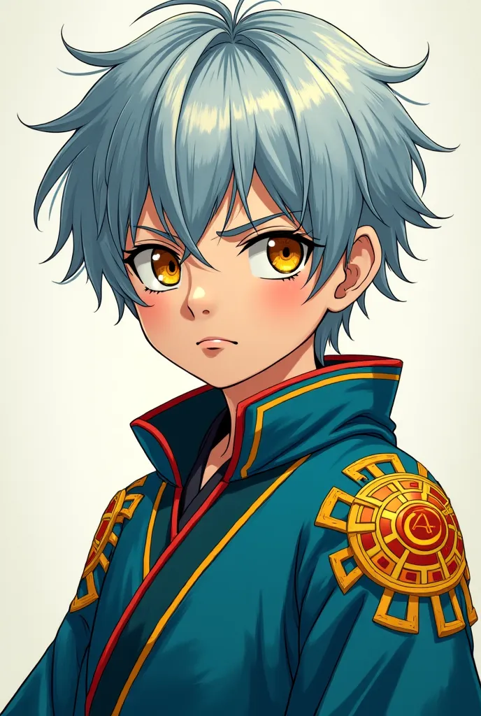 A 2D anime character,  boy, is , with light gray blue hair,  in a serious face,  ninja clothes from Aldeia da Folha,  yellowish brown eyes 
