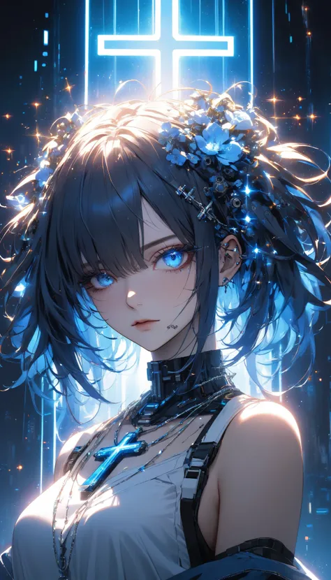 super realism、Hyperrealistic One Girl. Cyberpunk
( Lantern.Blue Eyes.)(  hair to hide one eye, Multiple dumb hairs  , )expressionless、cross necklace
uncanny, sparkle,  particle , Shine,human