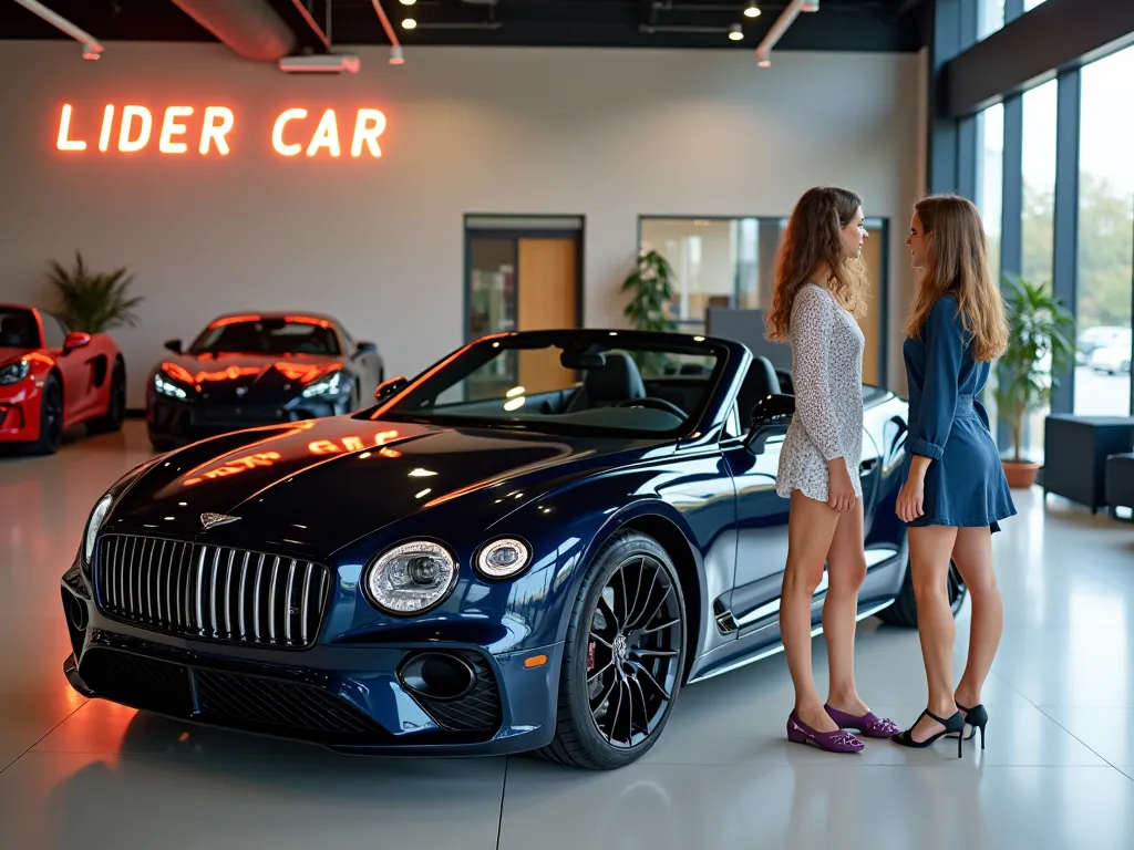 Two girls aged 16, (inspect ), sports car, 
of a modern expensive car,  convertible , Without a roof, at a sports showroom 
cars. There is a girl consultant in an office uniform near the girls. On one
 an inscription from the walls of the showroom that is ...