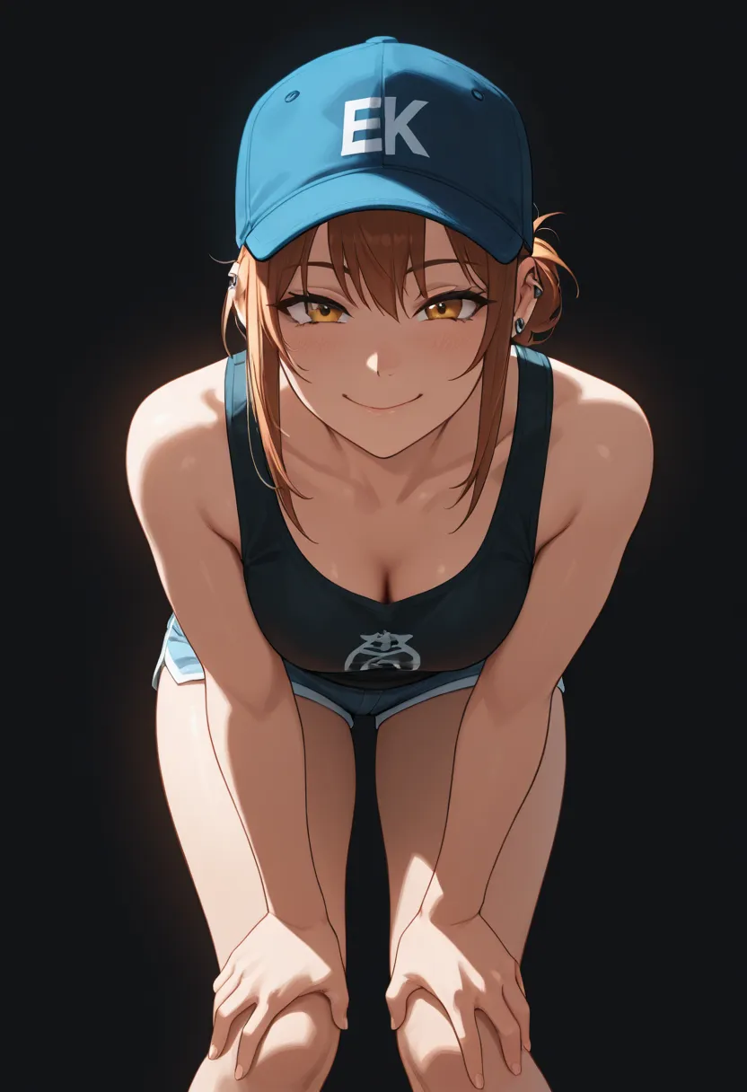 crouched down, sneering smile, piercing gaze, short shorts, tank top, baseball cap, graffiti behind her back, dark background, simple background, highly detailed, epic lighting, 8k, masterpiece, anatomically correct, high details, high quality, best qualit...