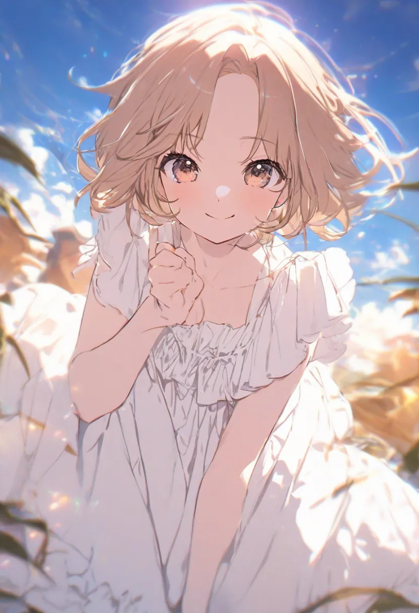 [32k, 8k, masterpiece] smiling ager, caramel hair, white dress, beautiful smile, cute, caramel eyes, background with blue sky full of clouds, character making a cute pose looking at the viewer with a big smile, light effect,