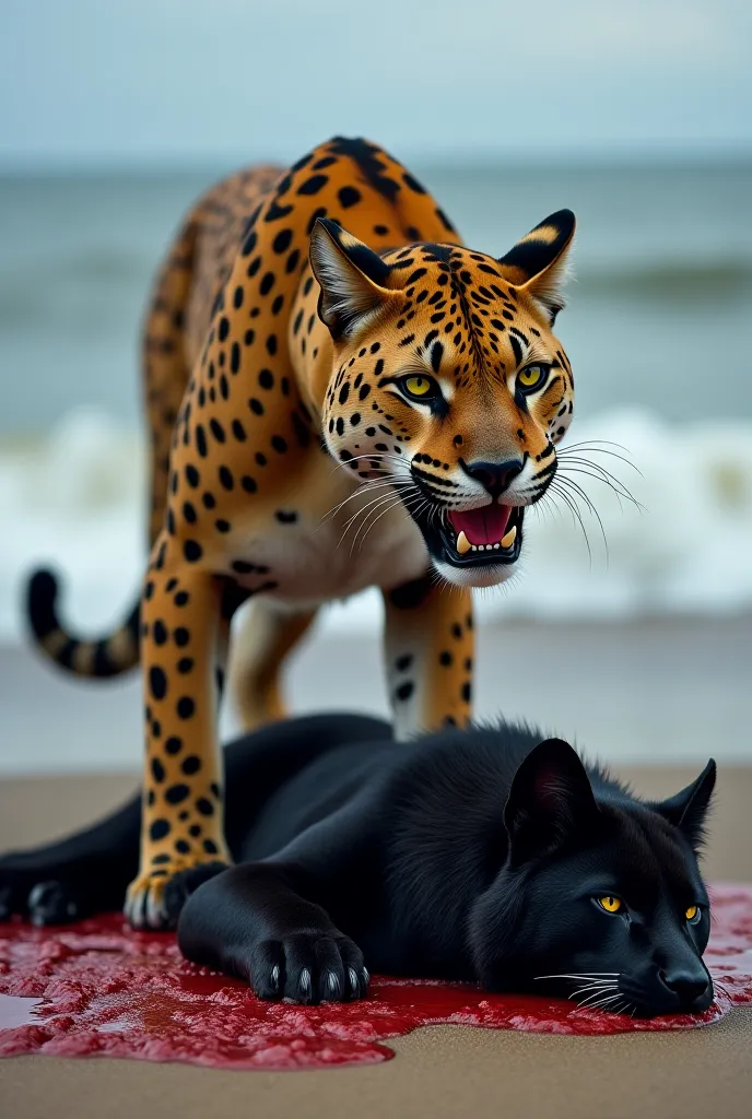 A fierce black panther with blood dripping from its mouth stands over a fallen black panther on a sandy beach by the sea. The black panther's golden-yellow fur is covered in dark rosettes, and its piercing eyes glow intensely. The white wolf lies on the gr...