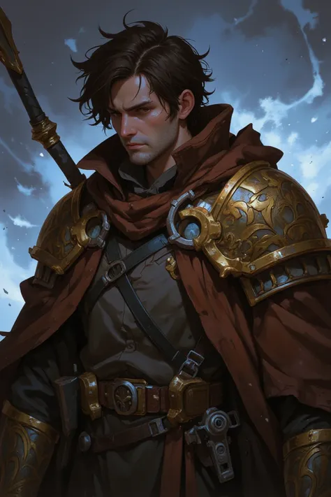 adult man. brown hair. Cold and lifeless faces. anime. Brown cloak with gold details. Fantasy