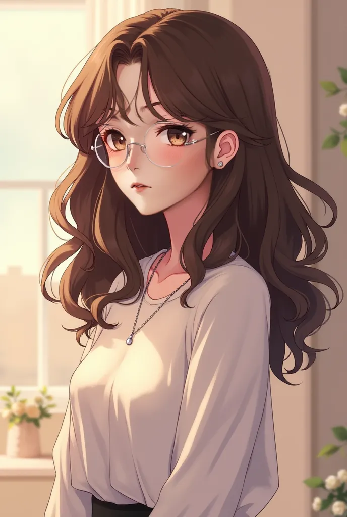  a adult girl with thick brown average  curly hair, sleepy eyes,round silver glasses. make the image showing the Full body in the style of the otome game Mystic Messenger. 