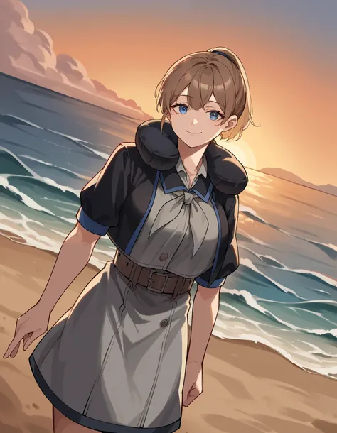  score_9,  score_8_up,  score_7_up,  source_anime, Brave, Blue Eyes,  short hair, brown eyes, ponytail,  o, big breasts,  hair tie , Black Jacket,   colored jacket , cropped jacket, grey dress, miniskirt, neck Pillow,  Open clothes, open jacket, Pillow, sh...