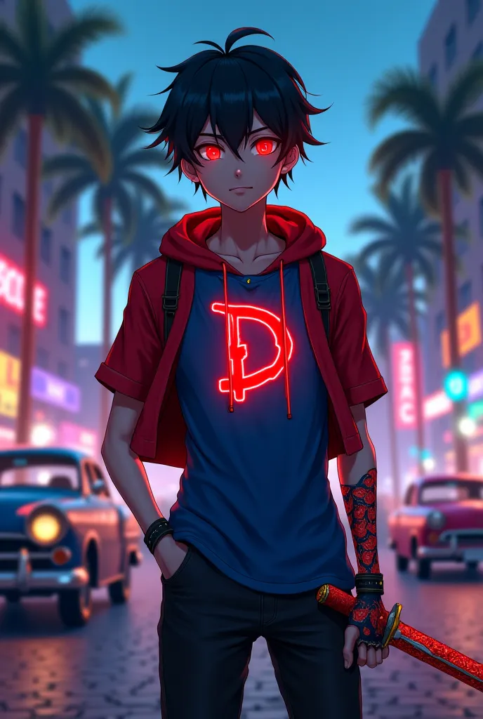 “An anime-style futuristic male character with black hair, glowing red eyes, and wearing a red hoodie. He is holding a sword with intricate designs, standing in a misty urban street at night. The background includes vintage cars, palm trees, and glowing ci...