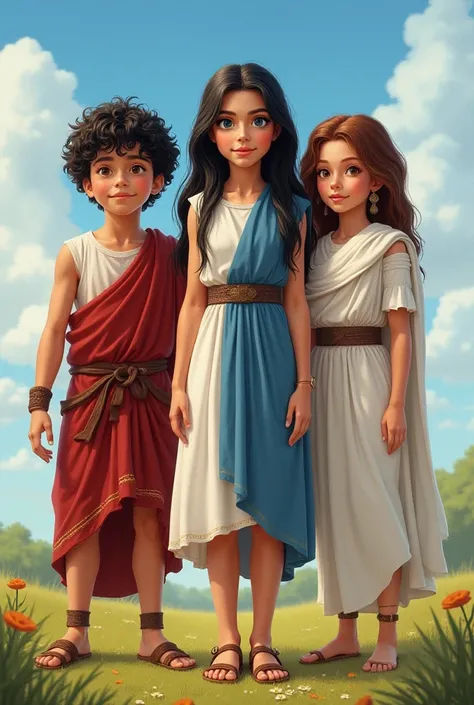 I want an image where three people appear. On the left, a boy with curly black hair, Roman style., with brown eyes and a Greek tunic with a red band, wearing Roman leather sandals. In the center of the three is a young woman with long silky, black hair wit...