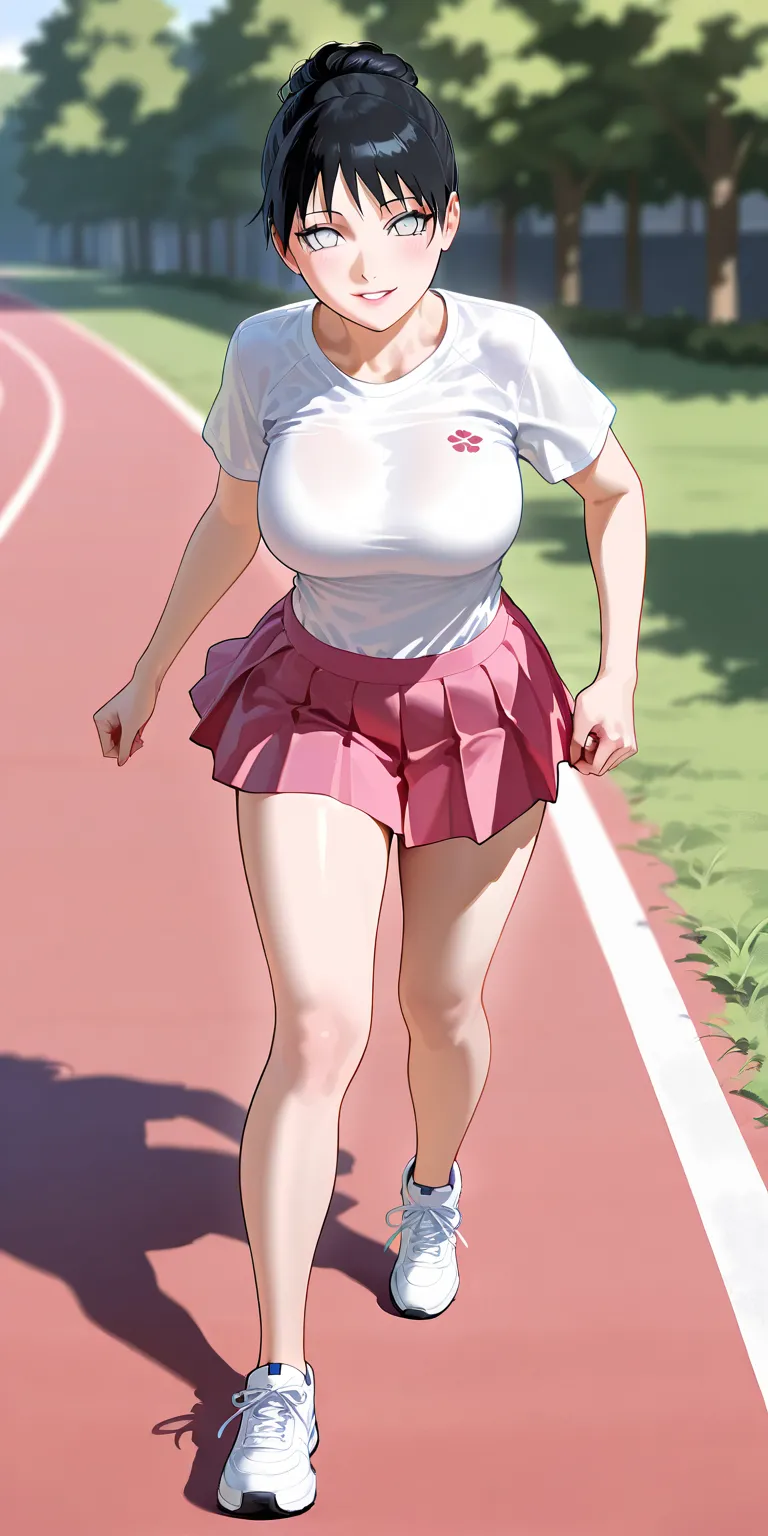 Masterpiece, newest, vibrant, very aesthetic, high contrast, mature woman, hinata hyuga\(naruto\), white eyes, updo hair, white t-shirts, pink pleated lace mini skirt, white sneakers, full body, parted lips, smile, on the path, jogging, best quality, semre...