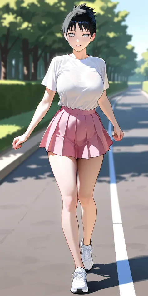 Masterpiece, newest, vibrant, very aesthetic, high contrast, mature woman, hinata hyuga\(naruto\), white eyes, updo hair, white t-shirts, pink pleated lace mini skirt, white sneakers, full body, parted lips, smile, on the path, jogging, best quality, semre...