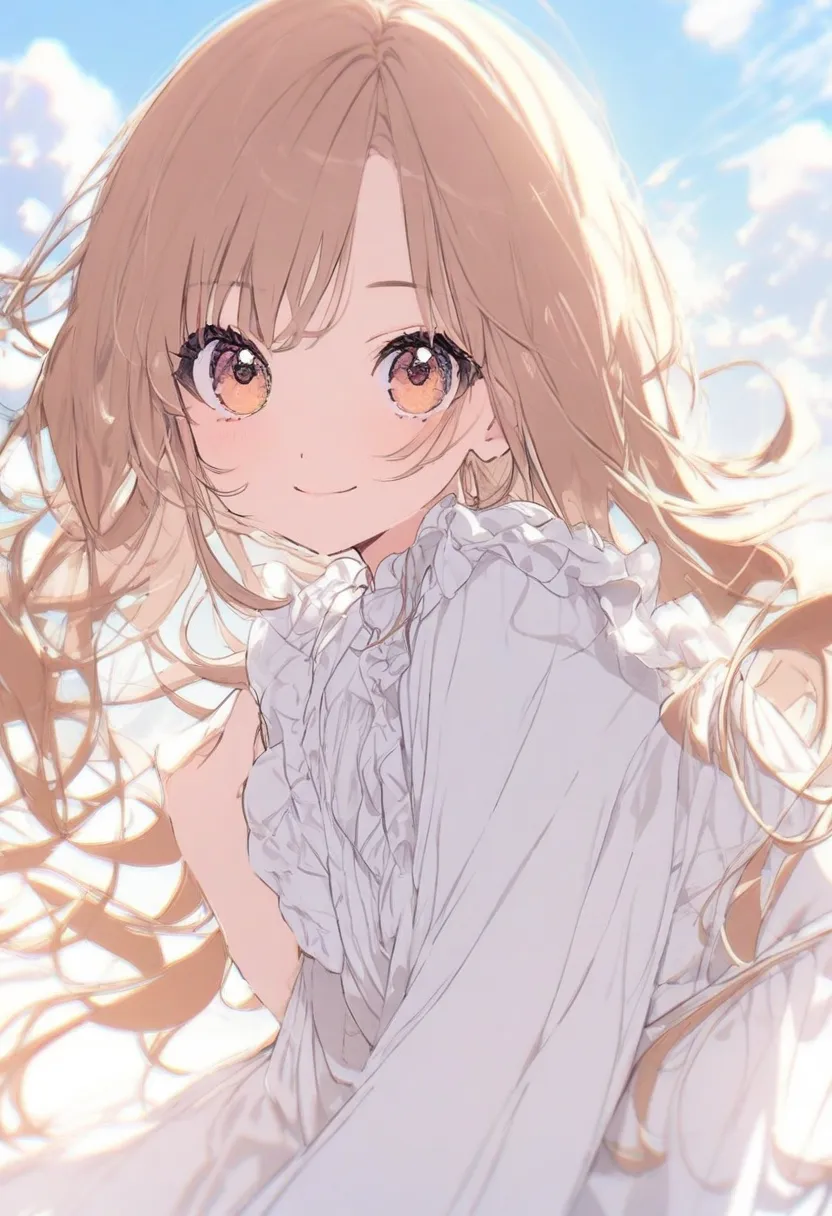 [32k, 8k, masterpiece] smiling ager, caramel hair, white dress, beautiful smile, cute, caramel eyes, background with blue sky full of clouds, character making a cute pose looking at the viewer with a big smile