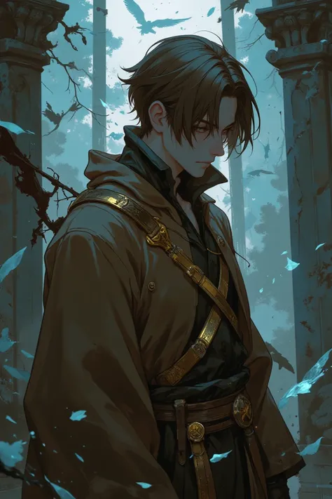 adult man. brown hair. Cold and lifeless faces. anime. Basic brown robe with gold details. Fantasy