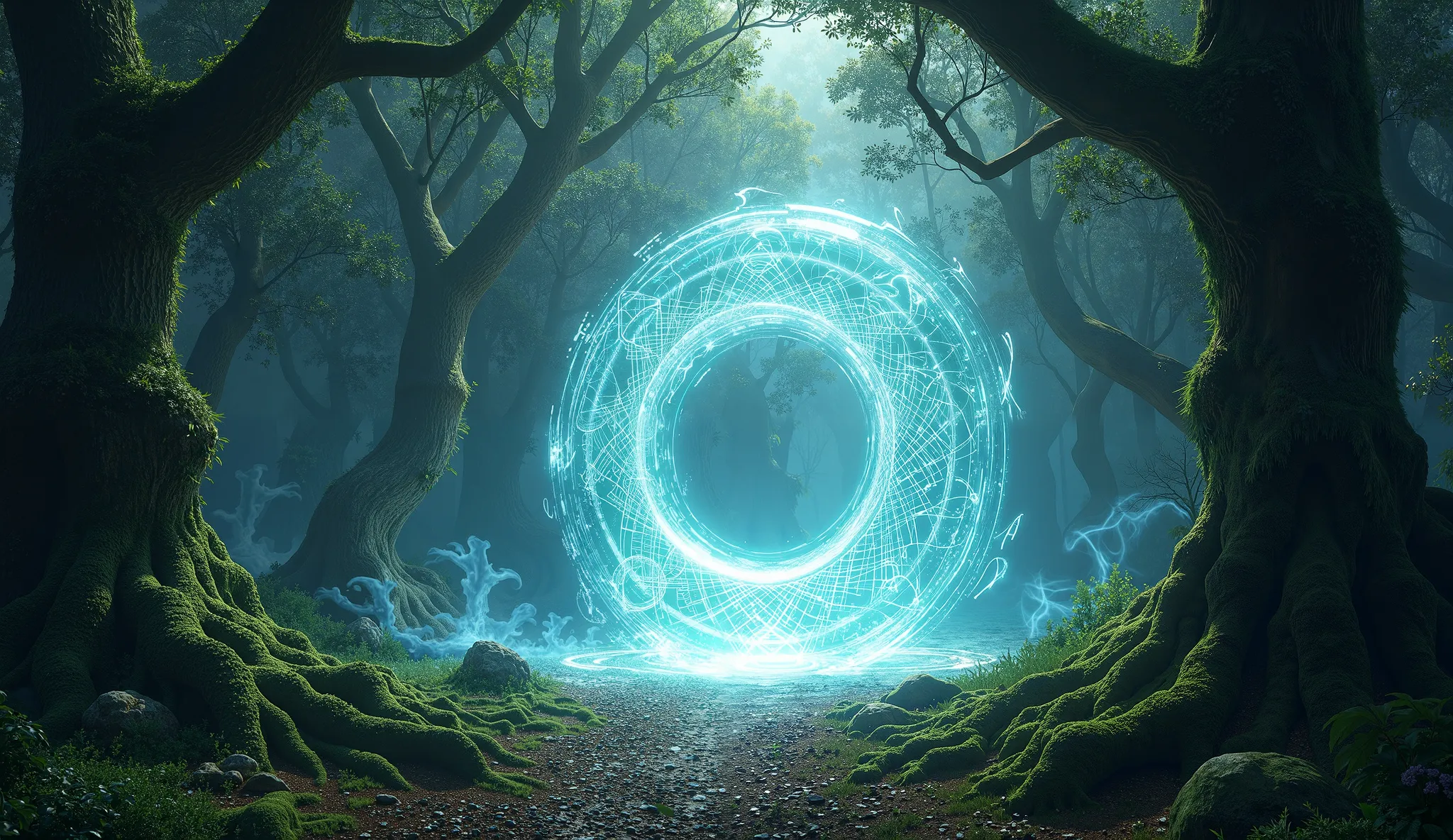 A glowing teleportation portal in a forest.  The portal cannot be seen through.  Instead, it's surface is made up of swirling patterns.