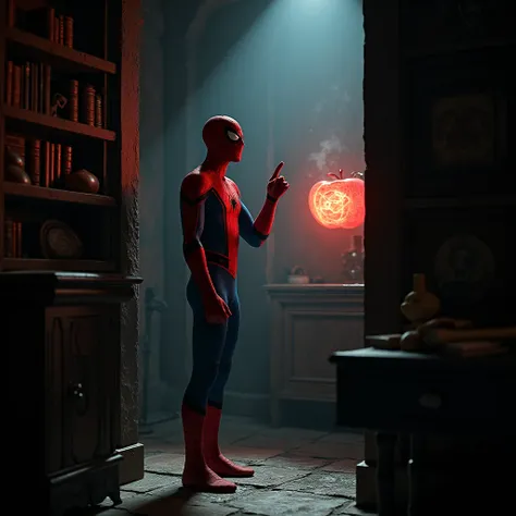 Spider-Man in a room pointing his finger at a Magica apple 