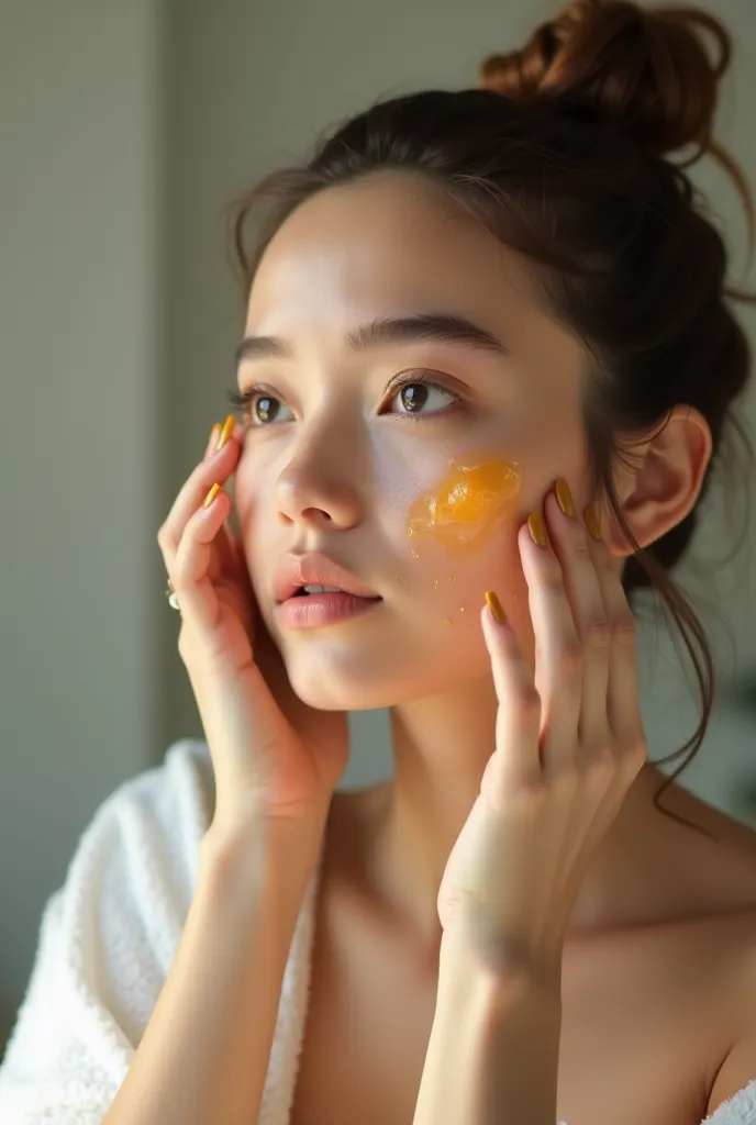 a girl with dark eyecircle and whrinkle doing skin care with vitamin C